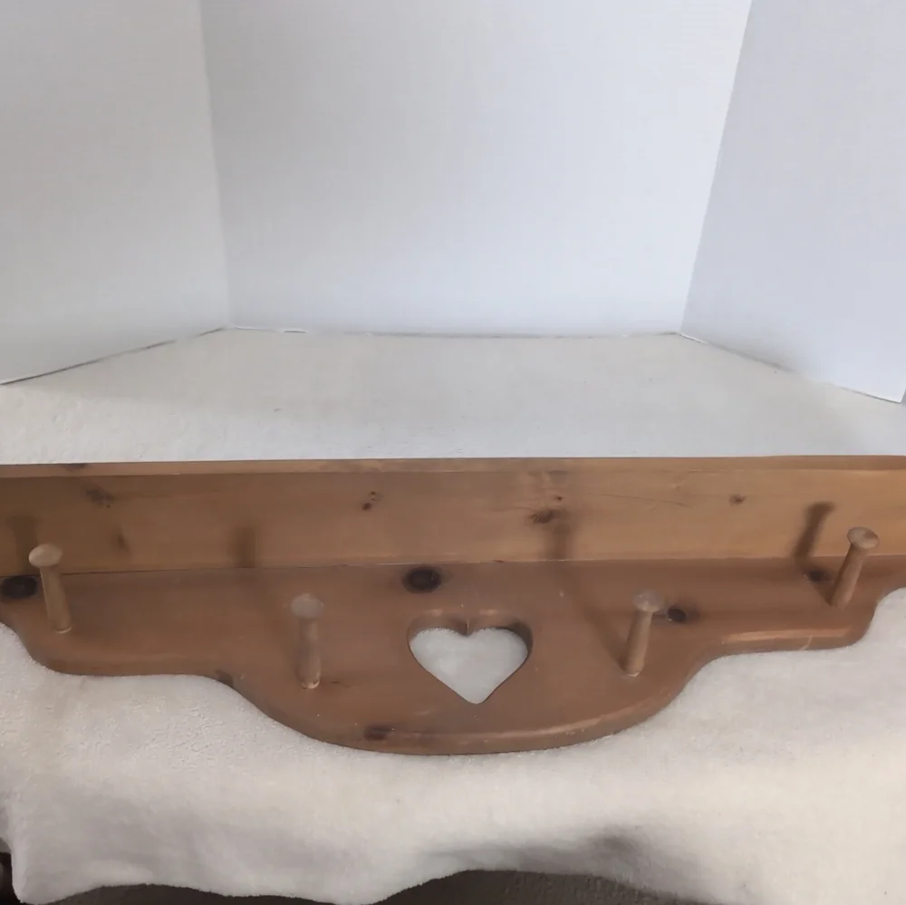 Vintage Wood Shelf With Heart Cut OutWall Shelf With 4 Pegs - 35”